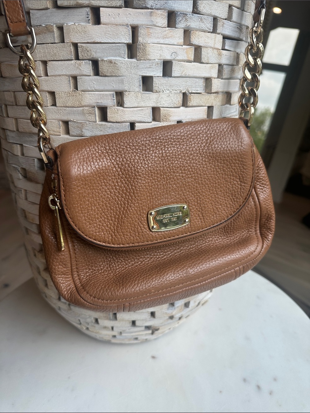 Michael Kors Cognac Pebbled Leather Crossbody with Gold Chain